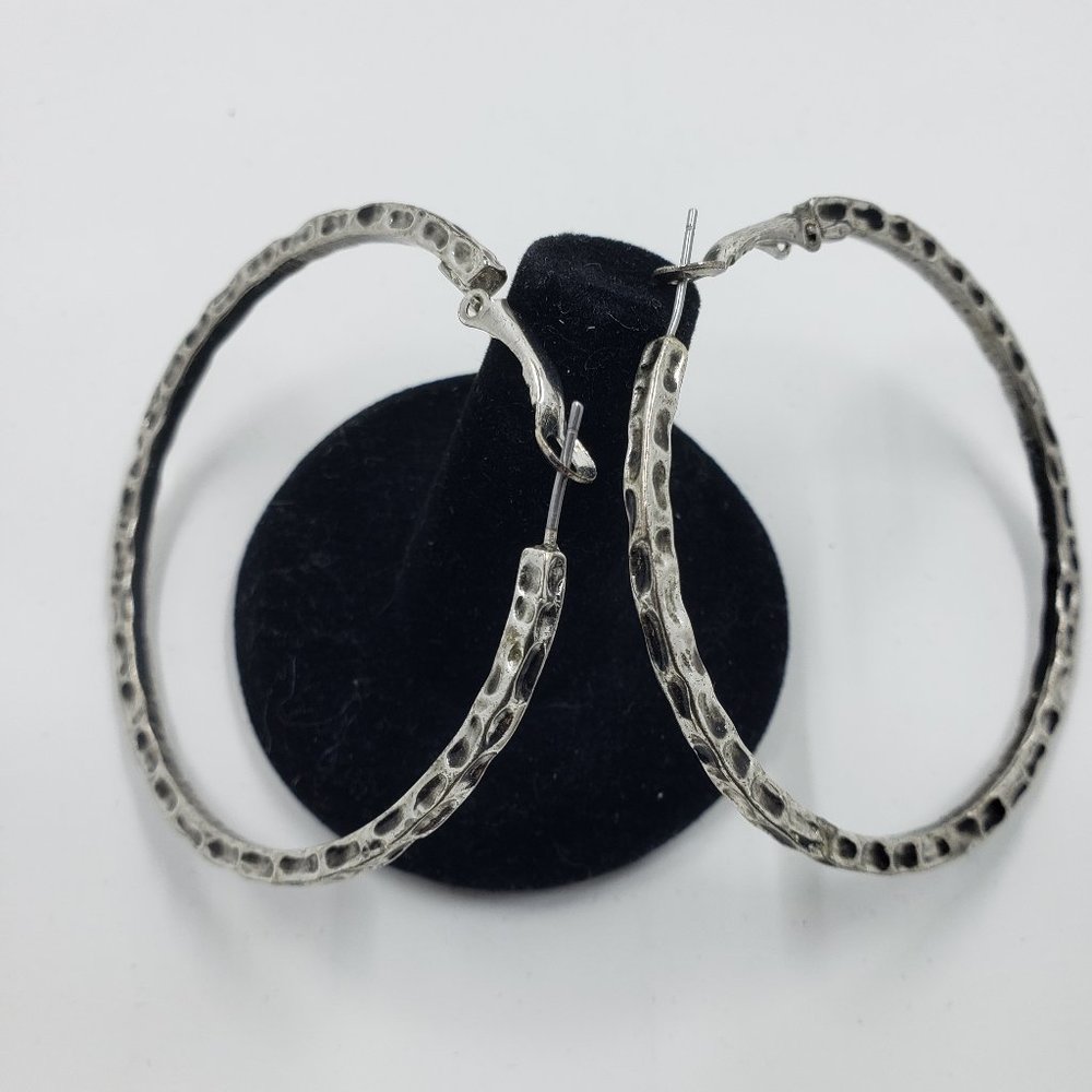 Silver Tone Hammered Hoop Earrings